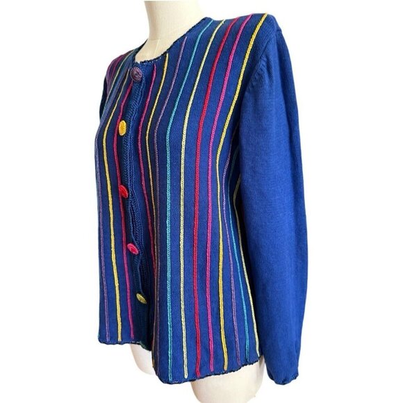 Bedford Fair Lifestyles Blue Striped Colorful Button Up Cardigan Women's Sz L - Picture 2 of 11